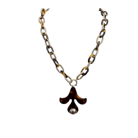 Vintage OOAK Ralph Lauren Faux Tortoise Silver tone Necklace Pendant - Picture 1 of 9